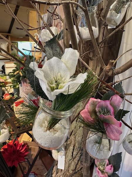 Helleborus, Christrose - Kunst- im Glas, optisch beeist, ( ca 18 mal 8cm plus Draht ), immer als 2 S